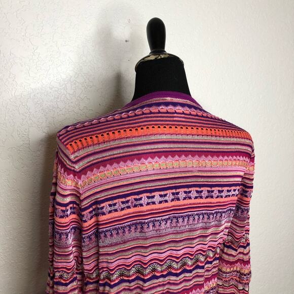 Chicos pink purple stripe crochet knit open front long cardigan size 2 or Medium - Picture 9 of 15